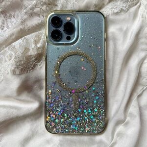 Clear sparkly iPhone Max case with iridescent holographic star glitter
